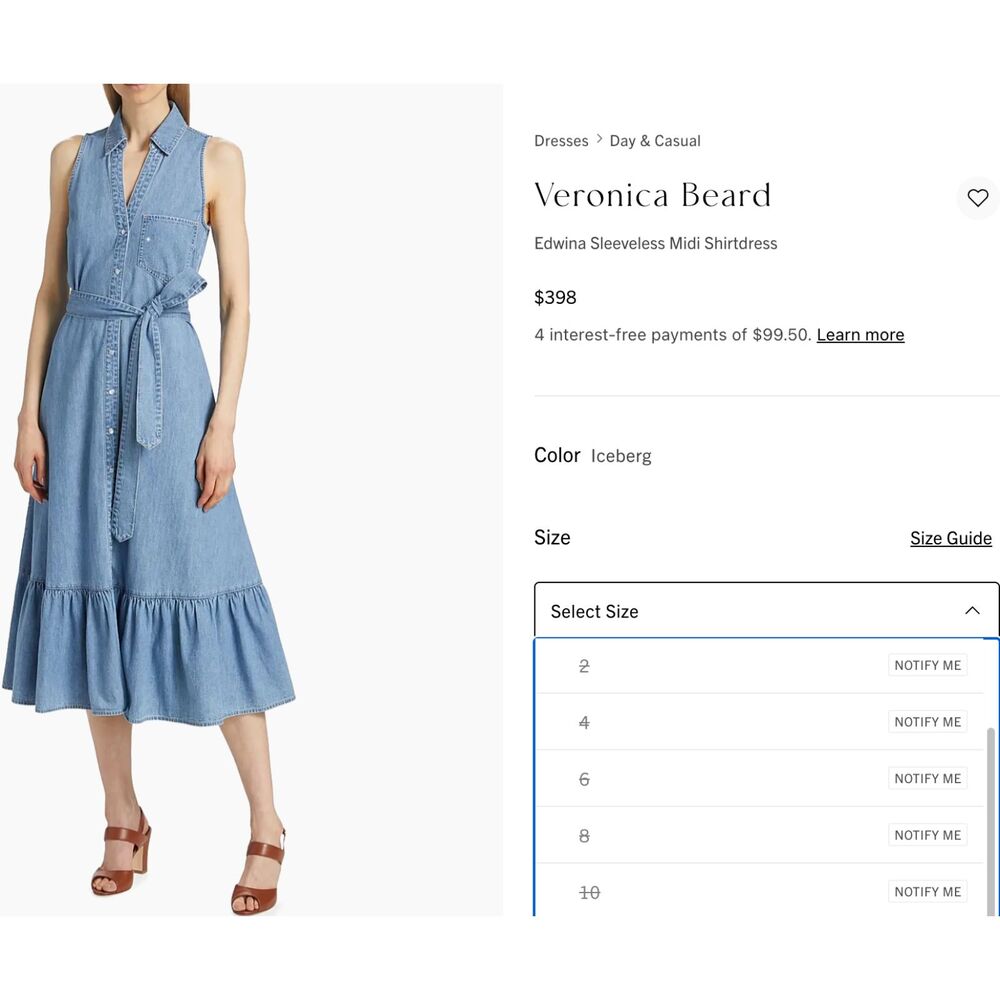 Veronica Beard NWOT Women 10  Edwina Sleeveless Midi Shirtdress Iceberg Denim - Picture 5 of 13